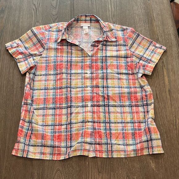 Alfred Dunner Button Up Collared Plaid Print Short Sleeve Blouse Size L - Picture 1 of 3